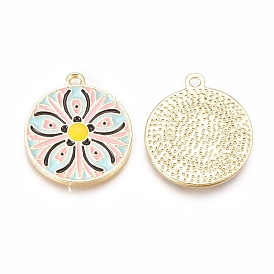 Alloy Enamel Pendants, Baroque Style, Flat Round with Flower, Colorful