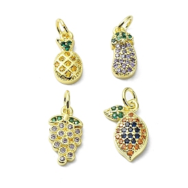 Brass Micro Pave Cubic Zirconia Pendants, with Jump Ring, Real 18K Gold Plated, Grape/Lemon/Pineapple/Eggplant Charm