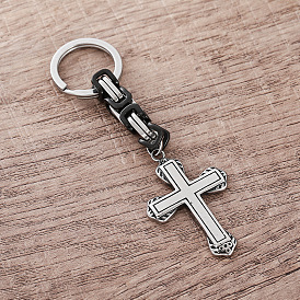 Punk Style 304 Stainless Steel Cross Keychains, with Split Key Rings & Byzantine Chains