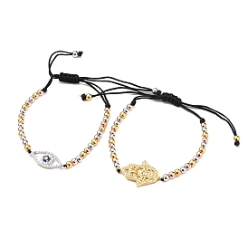 Adjustable Nylon Thread Braided Bead Bracelets Sets, with Round Brass Beads and Brass Micro Pave Cubic Zirconia Links, Hamsa Hand & Eye