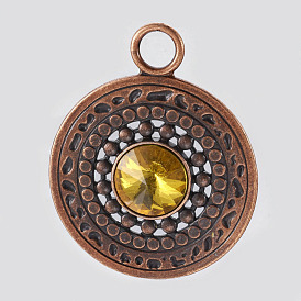 Flat Round Glass Rhinestone Big Pendants, with Red Copper Plated Alloy Findings
