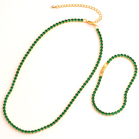 Vintage Green Zircon Necklace Bracelet Set - European and American Fashion, Box Chain.