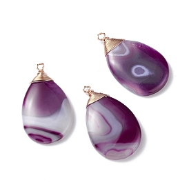 Natural Striped Agate/Banded Agate Pendants, with Light Gold Tone Copper Wire, Medium Purple, Teardrop