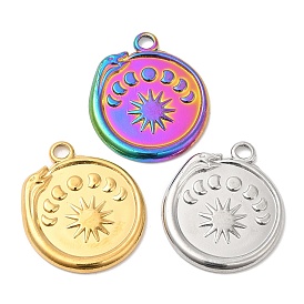 304 Stainless Steel Pendants, Flat Round with Snake & Moon Phases Charm