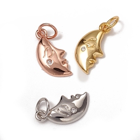 Brass Micro Pave Clear Cubic Zirconia Charms, with Jump Rings, Long-Lasting Plated, Moon