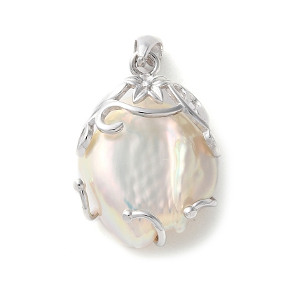 925 Sterling Silver Pave Natural Pearl Pendants, Oval Charms, Rhodium Plated