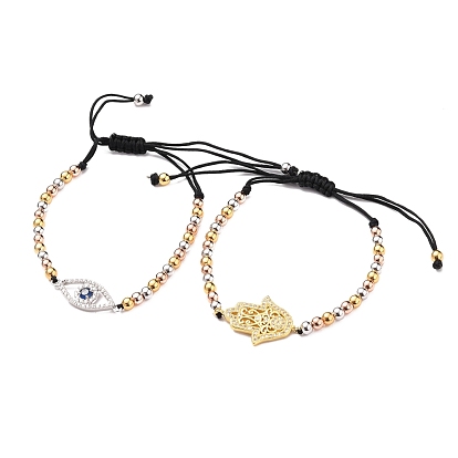 Adjustable Nylon Thread Braided Bead Bracelets Sets, with Round Brass Beads and Brass Micro Pave Cubic Zirconia Links, Hamsa Hand & Eye