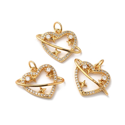 Rack Plating Brass Micro Pave Clear Cubic Zirconia Pendsnts, with Jump Ring, Lead Free & Cadmium Free, Heart with Star Charm