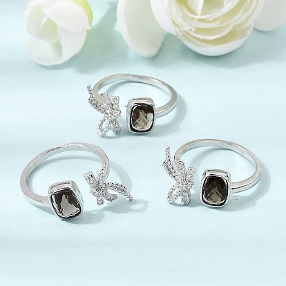 Brass Micro Pave Cubic Zirconia Finger Rings, Rectangle & Bowknot, with Natural Smoky Quartz, Platinum
