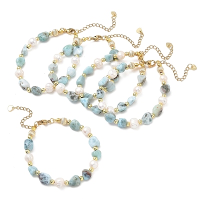 Natural Larimar Nuggets and Potato Freshwater Pearl Beaded Bracelets