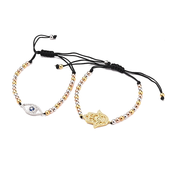 Adjustable Nylon Thread Braided Bead Bracelets Sets, with Round Brass Beads and Brass Micro Pave Cubic Zirconia Links, Hamsa Hand & Eye