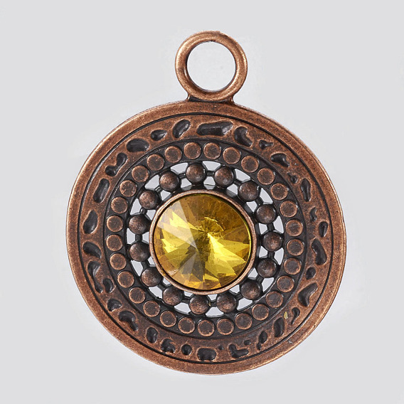 Flat Round Glass Rhinestone Big Pendants, with Red Copper Plated Alloy Findings