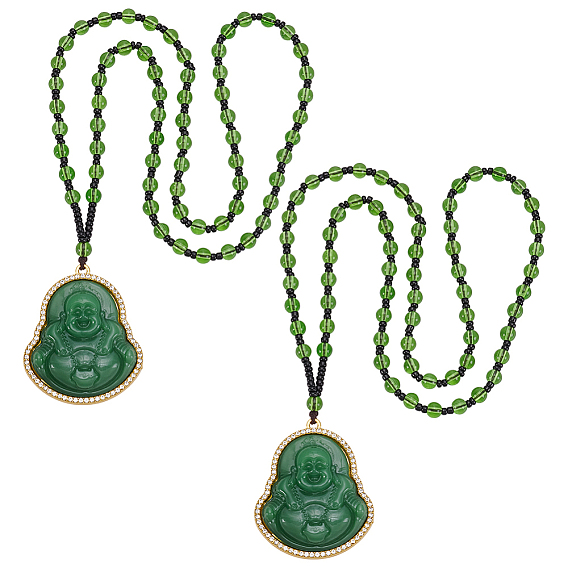 2шт. подвеска Будды из сплава и стекла, ожерелье из стеклянных бусин, зелёные