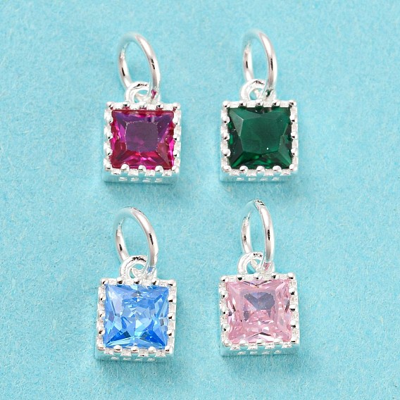 925 Sterling Silver Charms, with Cubic Zirconia, Faceted Square, Silver