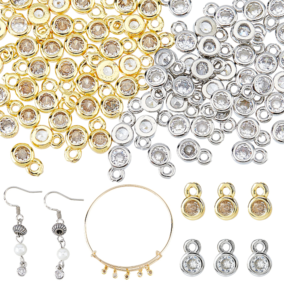 80Pcs 2 Colors Brass Micro Pave Cubic Zirconia Charms, Flat Round