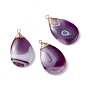 Natural Striped Agate/Banded Agate Pendants, with Light Gold Tone Copper Wire, Medium Purple, Teardrop