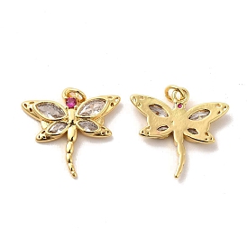 Brass Micro Pave Cubic Zirconia Pendants, with Glass & Jump Ring, Dragonfly Charm, Golden