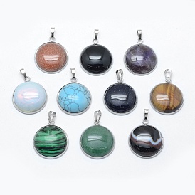 Pendentifs en pierres fines, avec 201 accessoires en acier inoxydable, plat rond, couleur inox