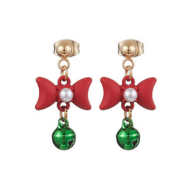 Bowknot Alloy with Acrylic & Brass Bell Stud Dangle Earrings, Christmas Theme, Golden