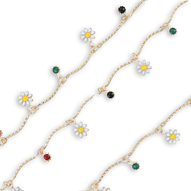 Handmade Golden Brass Curved Bar Link Chains, with Enamel Flower & Sun Charms, Unwelded, with Spool, Nickel Free