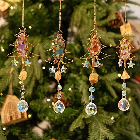 Christmas Theme Wire Wrapped Natural Agate & Metal Christmas Tree Hanging Ornaments, Glass Round Tassel Suncatchers for Garden Outdoor Decoration