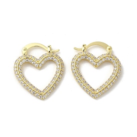 Rack Plating Brass Hollow Heart Hoop Earrings with Cubic Zirconia, Cadmium Free & Lead Free, Long-Lasting Plated