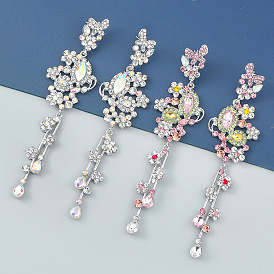 Butterfly Floral Long Earrings - Summer Alloy Inlaid Diamond Multilayer Ear Drops, Girl European and American Ear Pendants.