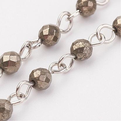 Natural Pyrite Handmade Beaded Chains, Unwelded, with Iron Eye Pin