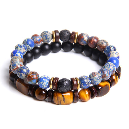 Men's Double-layered Tiger Eye Stone Beaded Bracelet Set - Natural Gemstone Jewelry