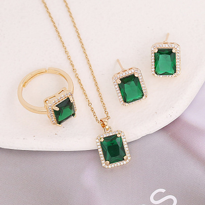 Square Green Gemstone Pendant with Copper and Zircon Inlay, Elegant Necklace Set