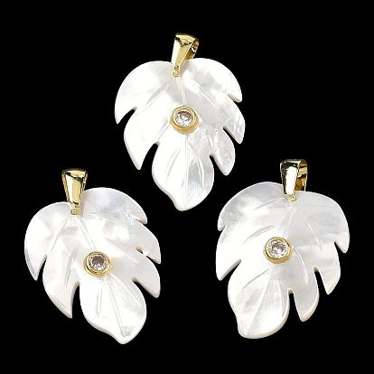 Резные подвески из натуральных белых ракушек, Подвески в виде листьев с латунной инкрустацией из прозрачных кубических цирконий., золотые