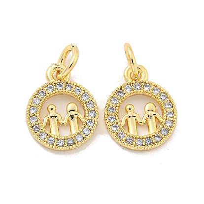Brass Micro Pave Clear Cubic Zirconia Charms, Cadmium Free & Nickel Free & Lead Free, Round with Human