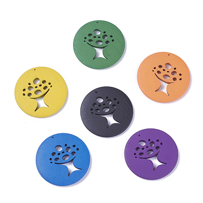 Wood Big Pendants, Flat Round with Tree, Dyed