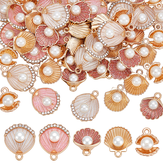 50 шт 5 стили подвески из цинкового сплава с эмалью, с горный хрусталь и имитация жемчуга абс, шарм из ракушек, золотые