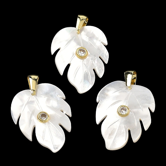 Резные подвески из натуральных белых ракушек, Подвески в виде листьев с латунной инкрустацией из прозрачных кубических цирконий., золотые