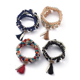 Multi-layered Stretch Bracelets Sets, Stackable Bracelets, with Acrylic Beads, Golden Plated Alloy Findings and Yarn Tassel Pendants