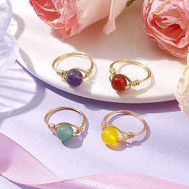 Round Natural Green Aventurine & Carnelian & Amethyst & Dyed Malaysia Finger Rings, Golden Tone Copper Wire Wrap Jewelry for Women