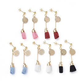 Dangle Stud Earrings, with Suede Cord Tassel Pendants, 304 Stainless Steel Stud Earring Findings and Brass Findings