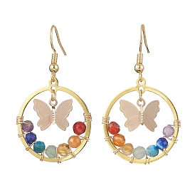 7 Chakra Natural Gemstone Dangle Earrings, Butterfly Brass Dangle Earrings for Women, Real 18K Gold Plated