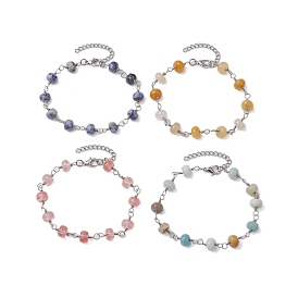 Faceted Rondelle Gemstone Link Chain Bracelets, Brass Jewelry for Women