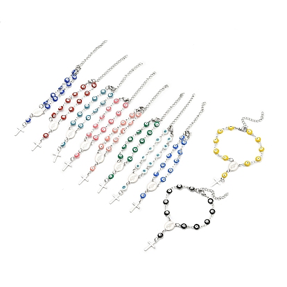 201 Stainless Steel Cross Charm Bracelet, Enamel Evil Eye Rosary Beaded Religion Theme Bracelet for Women