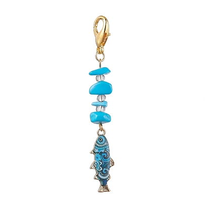 Alloy Enamel Pendant Decorations, with Zinc Alloy Lobster Claw Clasps and Synthetic Turquoise Beads, Fish