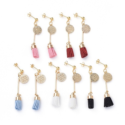 Dangle Stud Earrings, with Suede Cord Tassel Pendants, 304 Stainless Steel Stud Earring Findings and Brass Findings