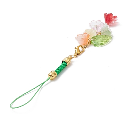 Flower/Leaf Glass Beads Mobile Straps, with Golden Iron Findings and Polyester Cord Mobile Accessories Decoration