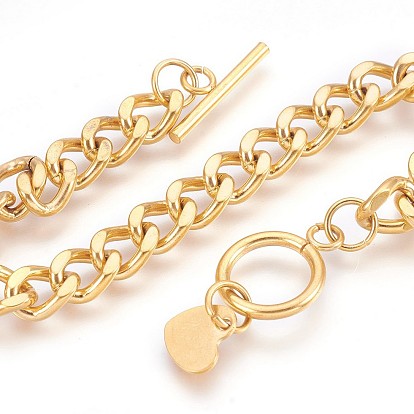 Ion Plating(IP) 304 Stainless Steel Curb Chain Bracelets, with Toggle Clasps and Heart Shape Charm