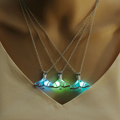 Alloy Whale Tail Cage Pendant Necklace with Luminous Plastic Beads, Glow in the Dark Jewelry for Women