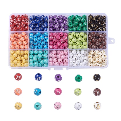 Plating Acrylic Beads, Silver Metal Enlaced, Round with Cross