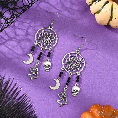 Halloween 304 Boucles d'oreilles pendantes en acier inoxydable, alliage et verre, motif crâne, squelette et lune, avec 316 crochets d'oreille chirurgicaux en acier inoxydable
