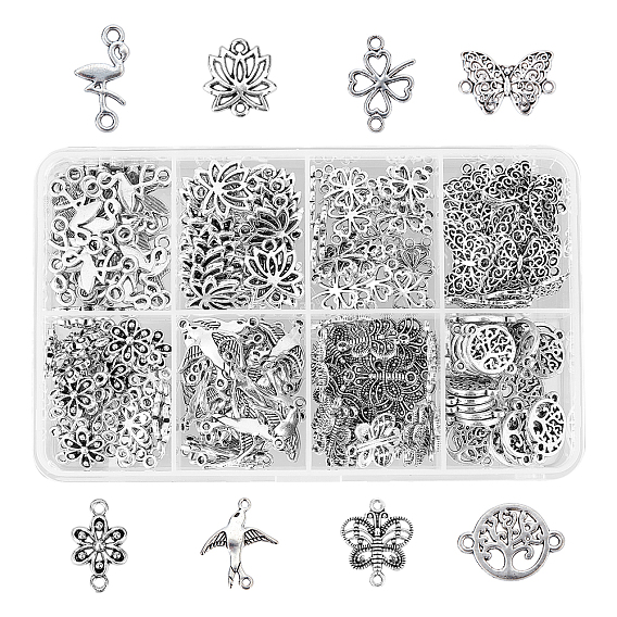 220Ppcs 8 Style Tibetan Style Links Connectors, Flower & Clover & Flat Round & Lotus Flower& Butterfly & Flamingo & Bird