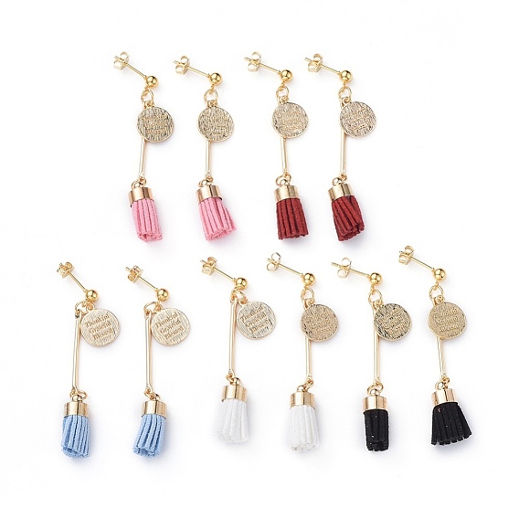 Dangle Stud Earrings, with Suede Cord Tassel Pendants, 304 Stainless Steel Stud Earring Findings and Brass Findings